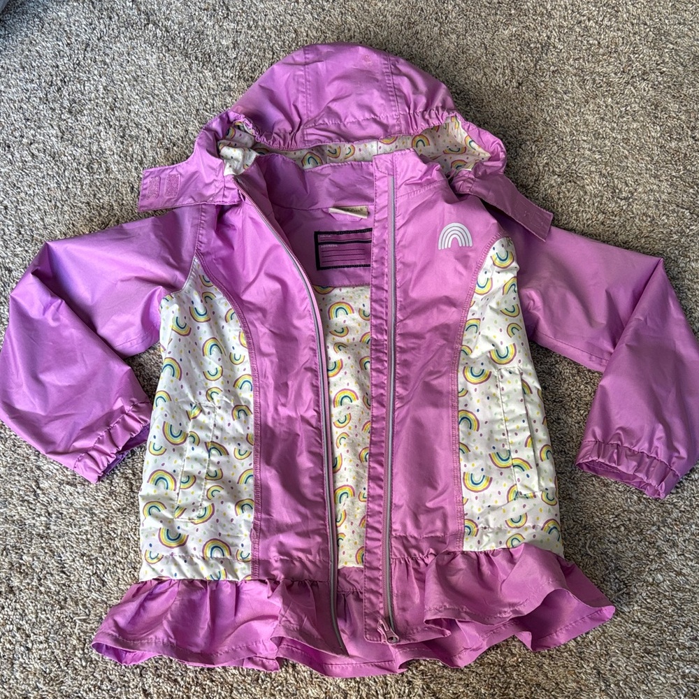 Size 7/8 Kids' Pink Rain Jacket with Rainbow Print